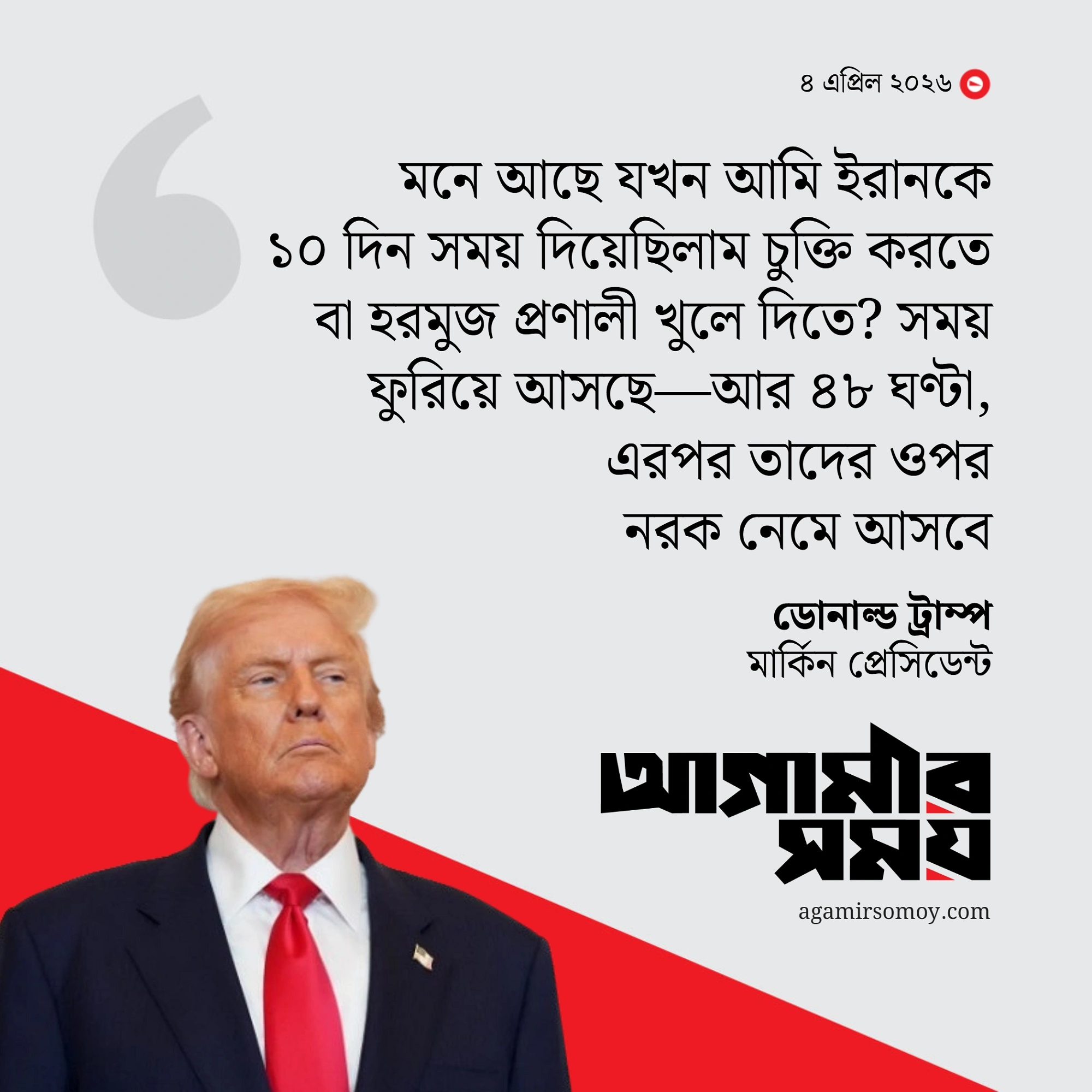 ৪৮ ঘণ্টা পর ইরানের ওপর নরক নেমে আসবে: ট্রাম্প